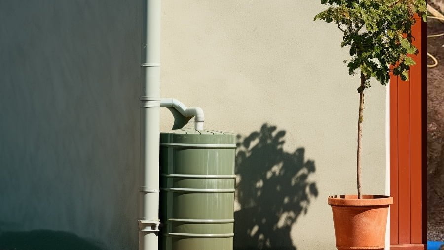 Récupération d’eau de pluie et jardinage écologique Une photo d’un réservoir d’eau de pluie vert et d’un pot de fleurs en terre cuite à côté d’une maison.