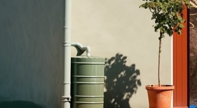 Récupération d’eau de pluie et jardinage écologique Une photo d’un réservoir d’eau de pluie vert et d’un pot de fleurs en terre cuite à côté d’une maison.